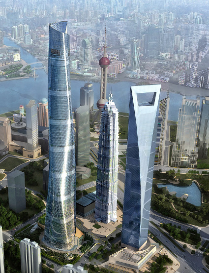 Vizualizace Šanghajské věže ve skupině s mrakodrapy Ťin Mao (Jin Mao Tower) a Šanghajským světovým finančním centrem (Shanghai World Financial Center)